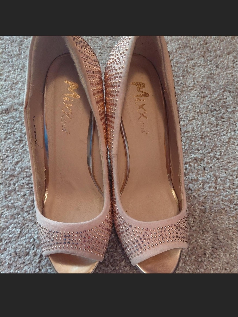 Mixx Shuz Blush Pink Peep-Toe Heels with Rhinestone Accents